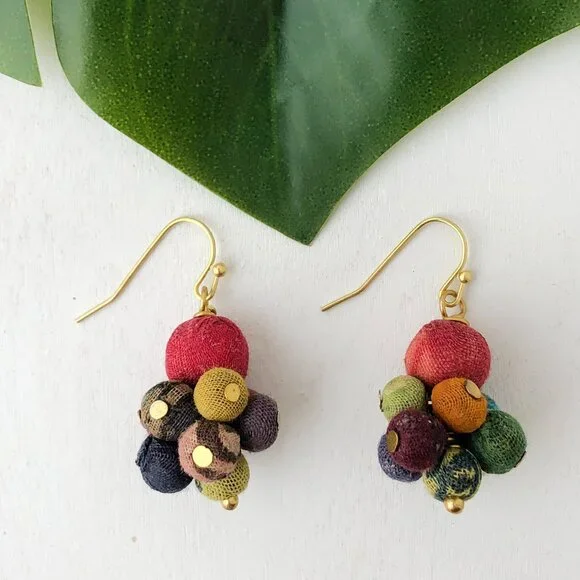 Fair Trade Small Drop Earrings Recycled Kantha Fabric Bead Boho Handmade Crafted - Picture 3 of 15
